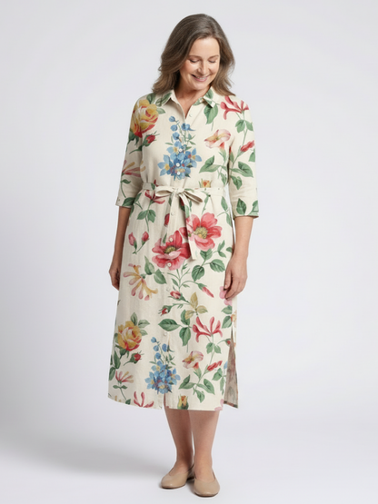 Maribel - Short-sleeve floral midi dress with front closure