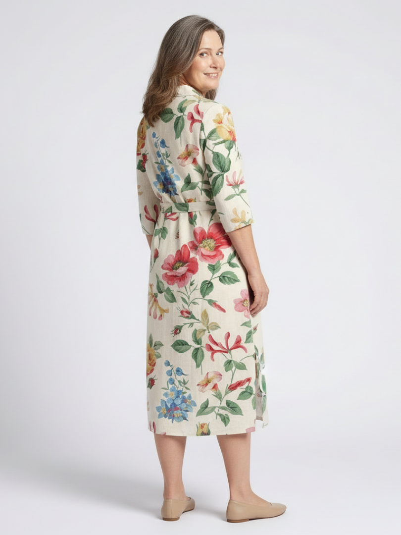 Maribel - Short-sleeve floral midi dress with front closure