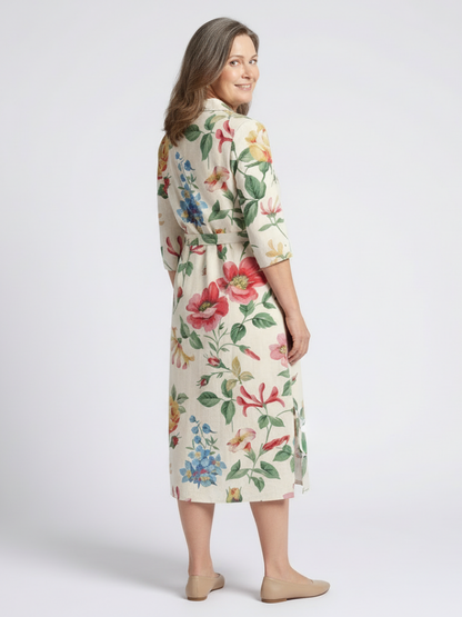 Maribel - Short-sleeve floral midi dress with front closure