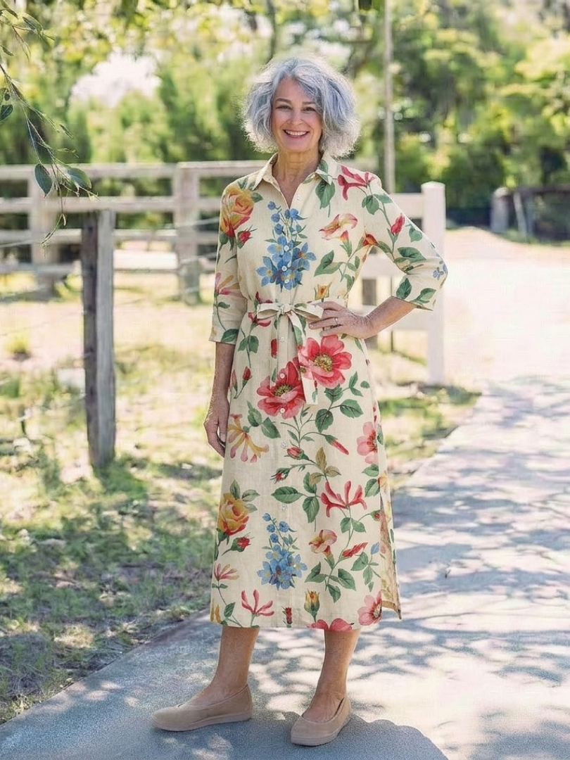 Maribel - Short-sleeve floral midi dress with front closure