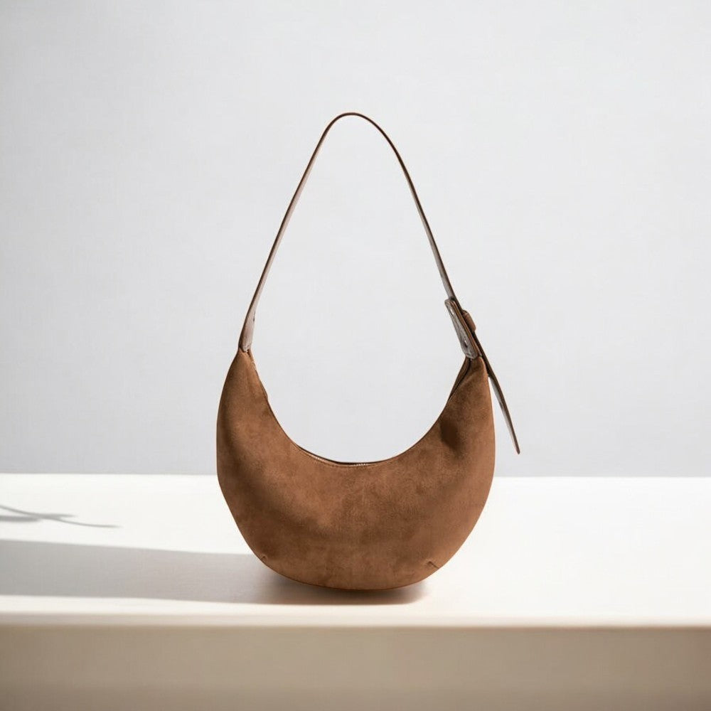 Suede-Finish Half-Moon Shoulder Bag