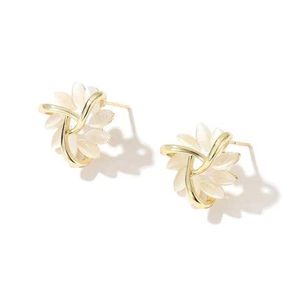 Gold hoop earrings with opal flowers