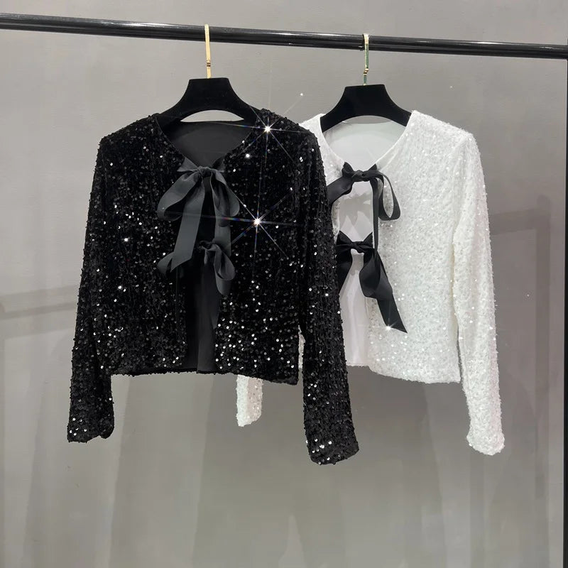 Ava: Short Sequin Blazer with Bow