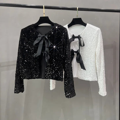 Ava: Short Sequin Blazer with Bow