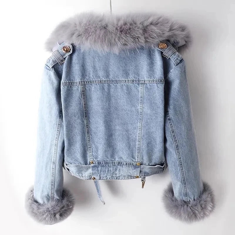 Denim Jacket with Padded Fur Collar