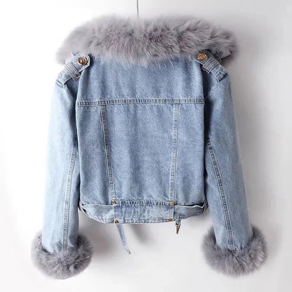 Denim Jacket with Padded Fur Collar