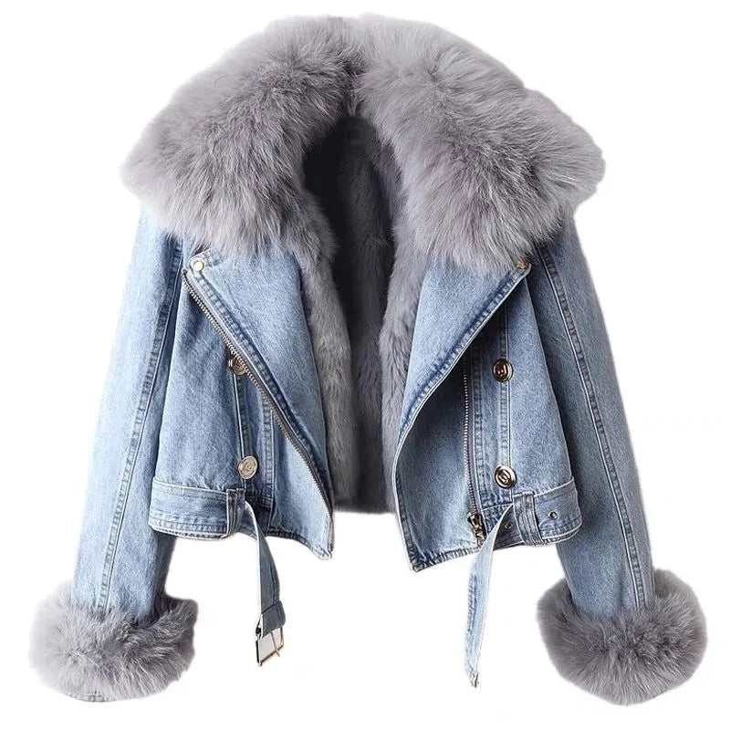 Denim Jacket with Padded Fur Collar