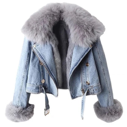 Denim Jacket with Padded Fur Collar
