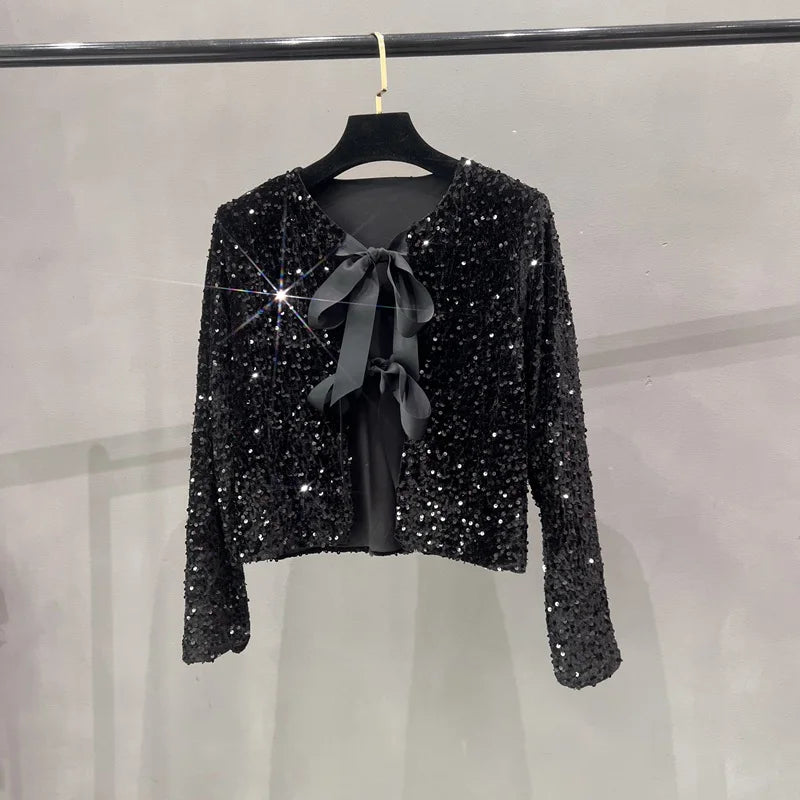 Ava: Short Sequin Blazer with Bow