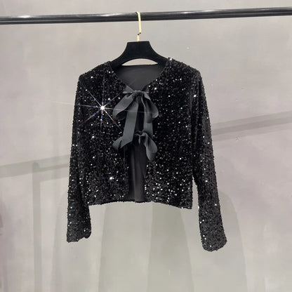 Ava: Short Sequin Blazer with Bow