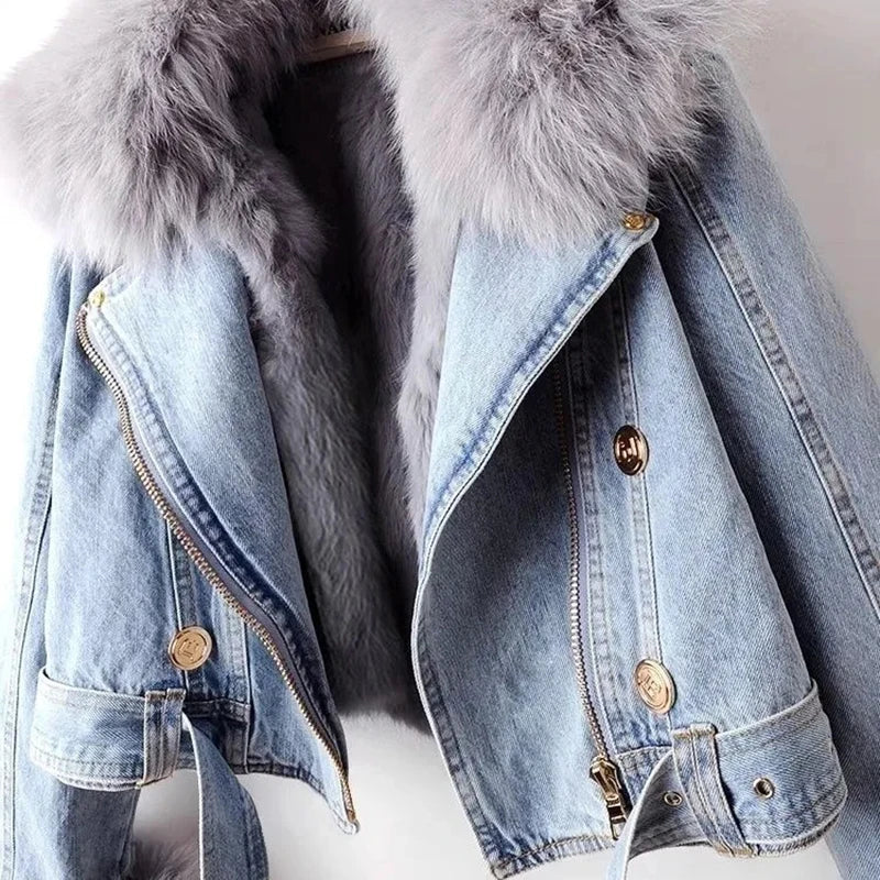 Denim Jacket with Padded Fur Collar
