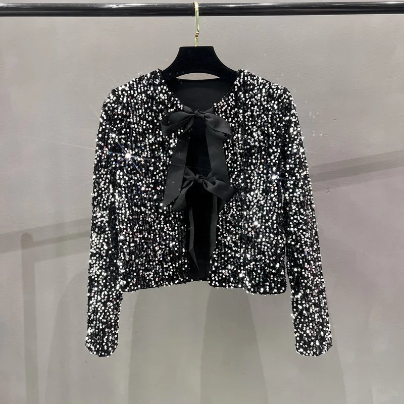Ava: Short Sequin Blazer with Bow