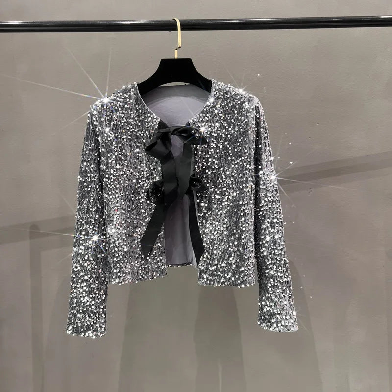 Ava: Short Sequin Blazer with Bow