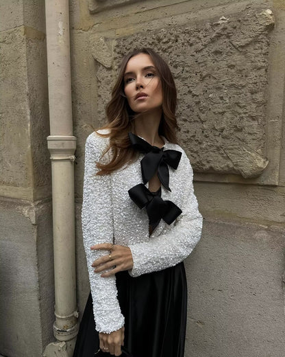 Ava: Short Sequin Blazer with Bow