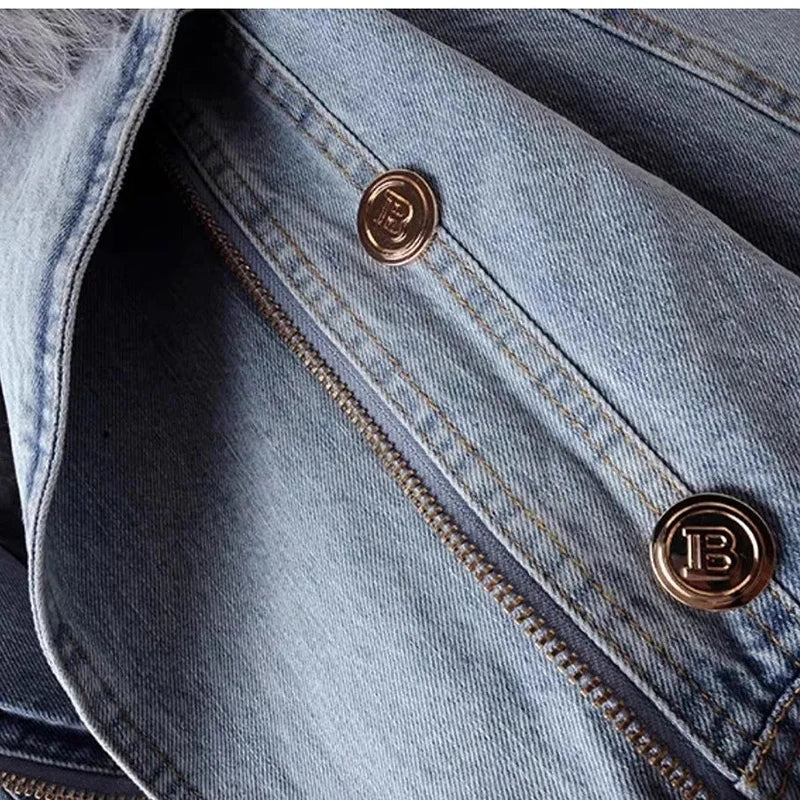 Denim Jacket with Padded Fur Collar