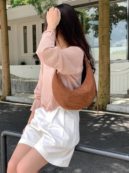 Suede-Finish Half-Moon Shoulder Bag