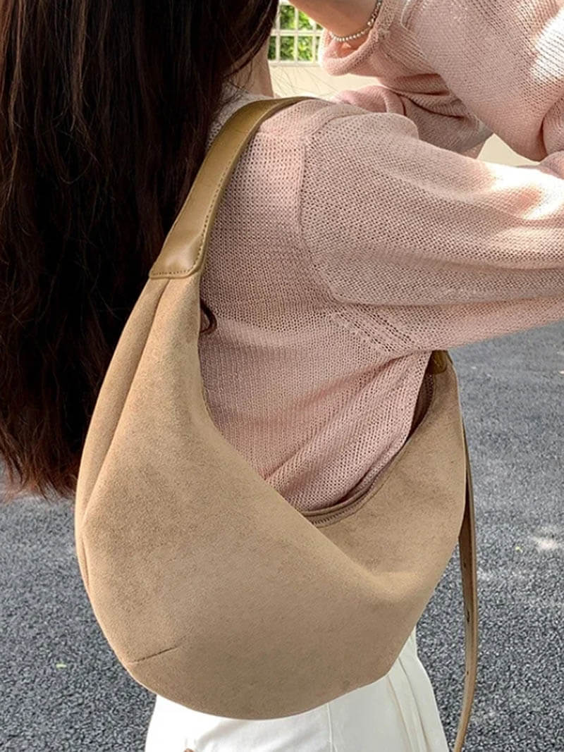 Suede-Finish Half-Moon Shoulder Bag