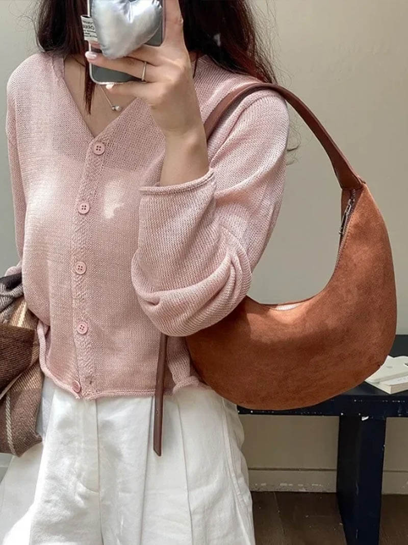Suede-Finish Half-Moon Shoulder Bag
