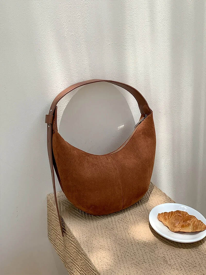 Suede-Finish Half-Moon Shoulder Bag