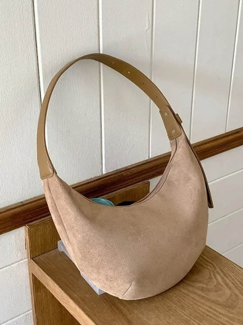 Suede-Finish Half-Moon Shoulder Bag