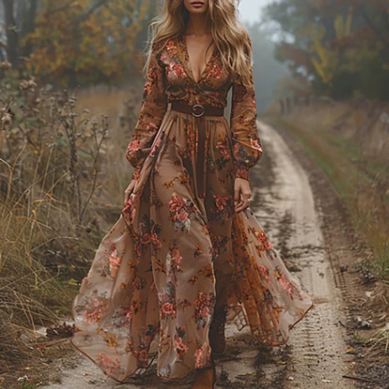 Jacinda | Women's boho maxi dress with flowing belt | Lightweight
