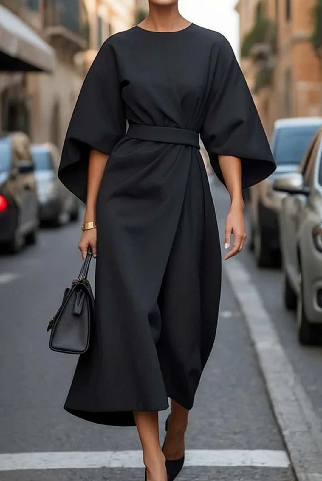 Naiara | Elegant women's dress with lantern sleeves and belt