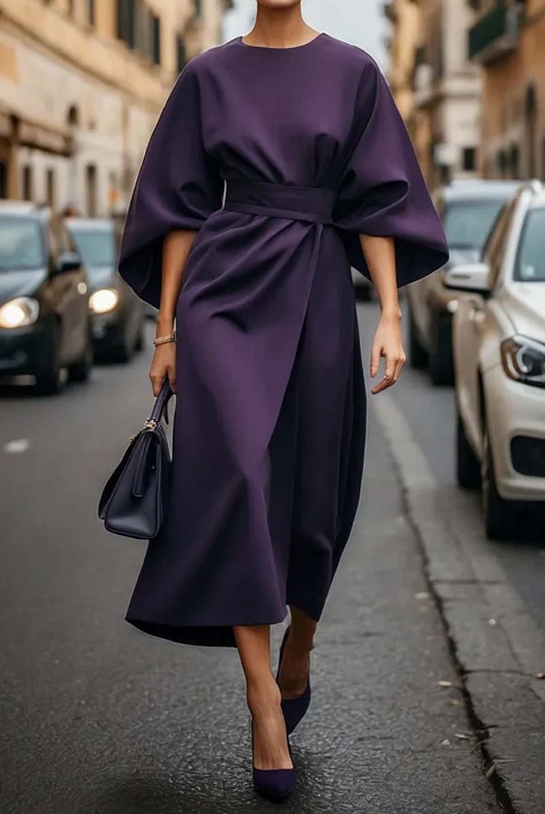 Naiara | Elegant women's dress with lantern sleeves and belt