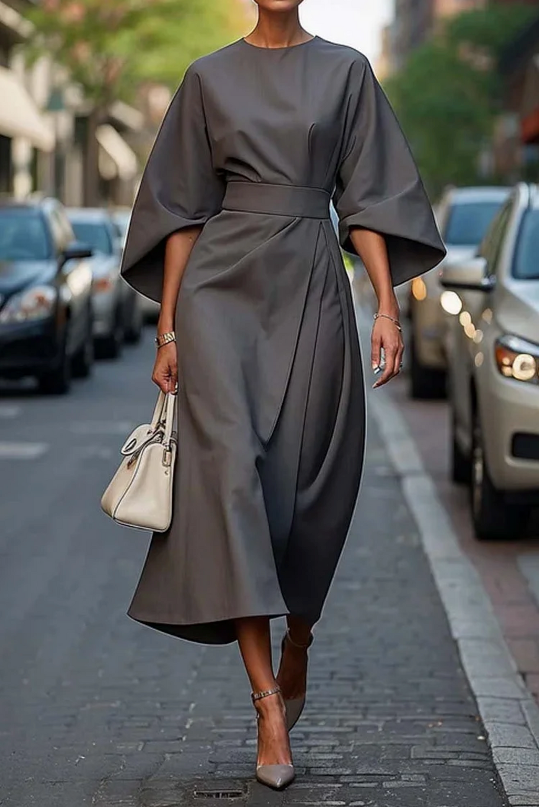 Naiara | Elegant women's dress with lantern sleeves and belt