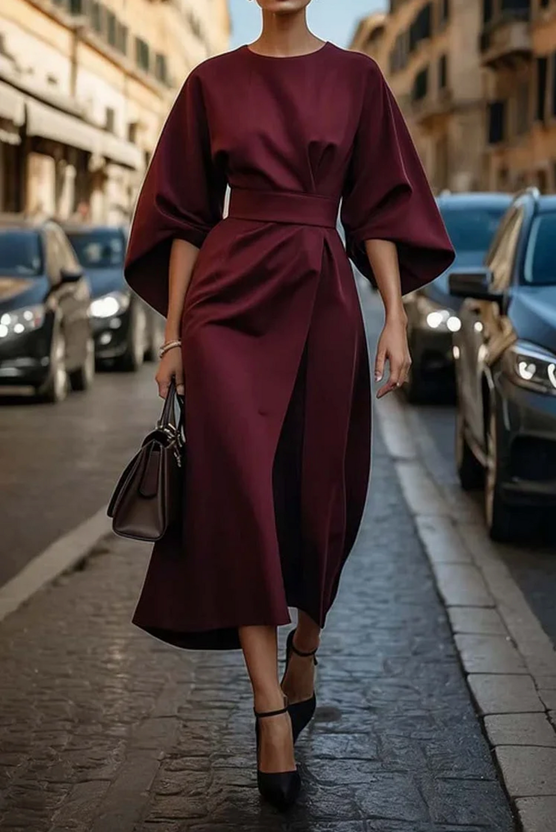 Naiara | Elegant women's dress with lantern sleeves and belt