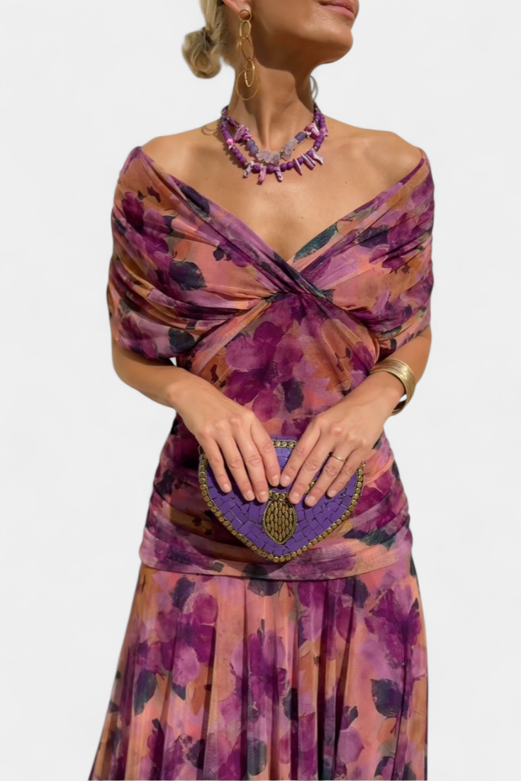 Iselina | Women's elegant V-neck gathered maxi dress | Flowy