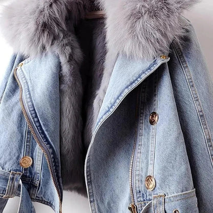 Denim Jacket with Padded Fur Collar