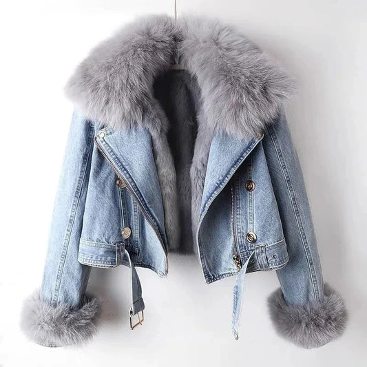Denim Jacket with Padded Fur Collar