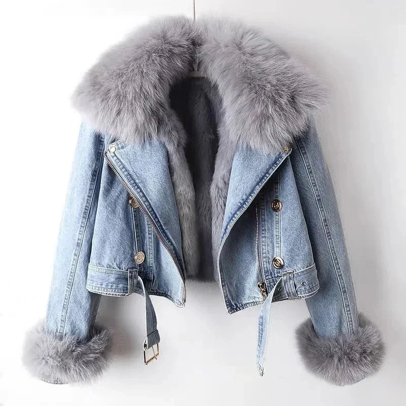 Denim Jacket with Padded Fur Collar