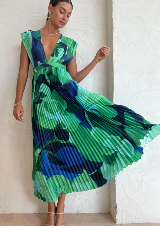 Evangelina Dress-Pleated in Blue Tones