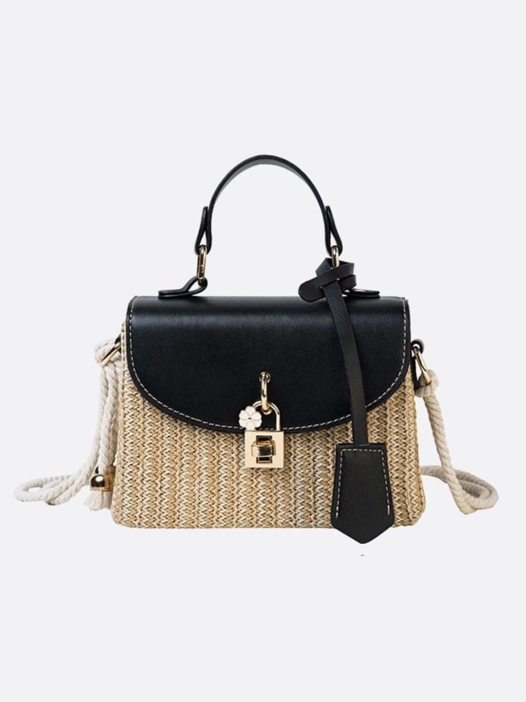 Structured Straw Handbag with Vegan Leather Flap and Rope Strap
