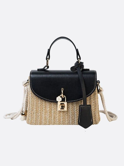 Structured Straw Handbag with Vegan Leather Flap and Rope Strap