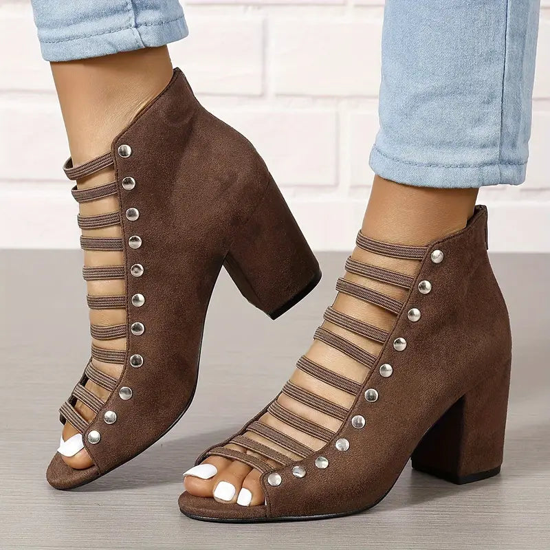 High heel sandals with back zipper, cut-out design, and rivets