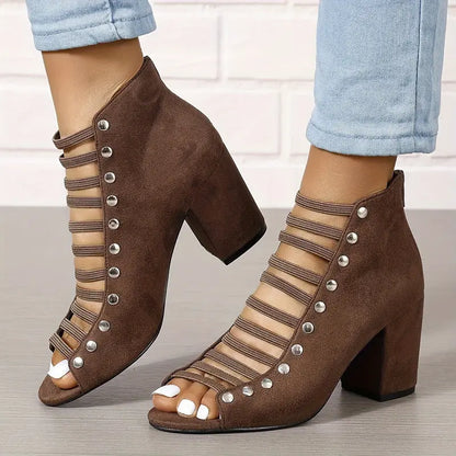 High heel sandals with back zipper, cut-out design, and rivets