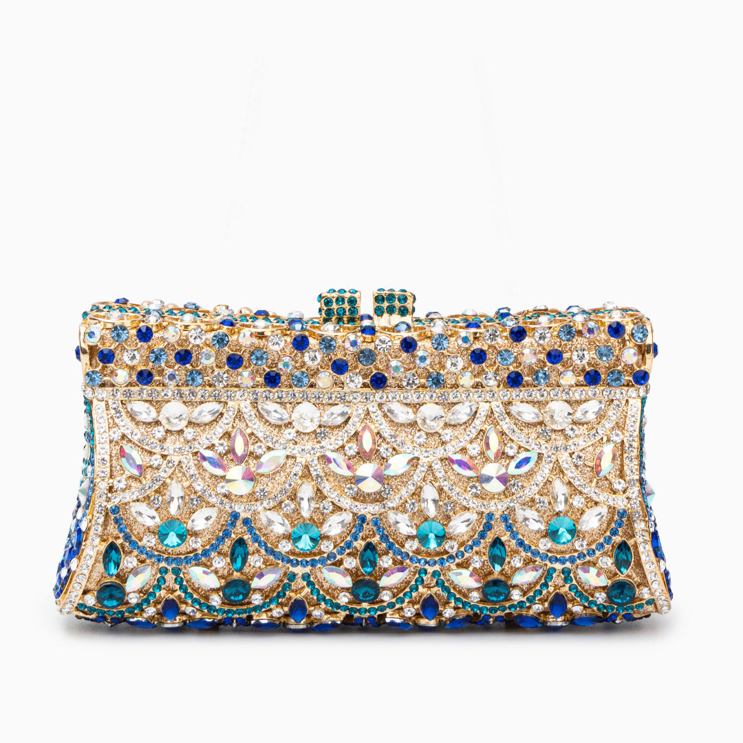 Gold Clutch with Multicolor Crystals – Sparkling Handbag for Luxury Parties and Weddings
