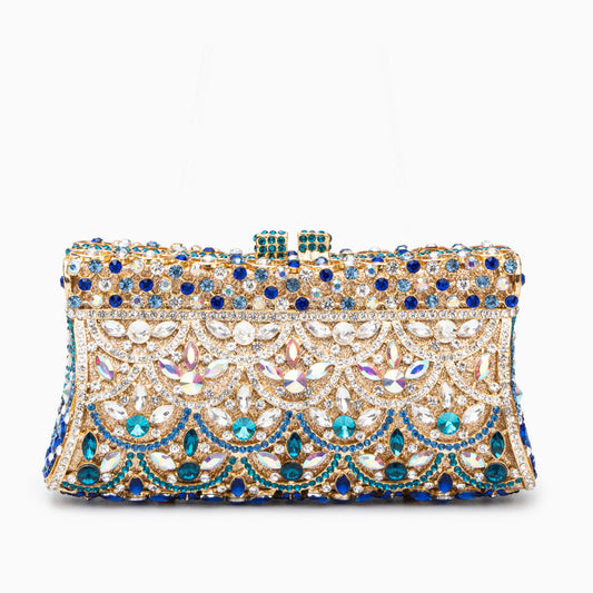 Gold Clutch with Multicolor Crystals – Sparkling Handbag for Luxury Parties and Weddings