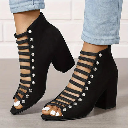 High heel sandals with back zipper, cut-out design, and rivets