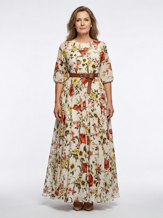 Odela - Maxi dress with round neck, half sleeves, and belt