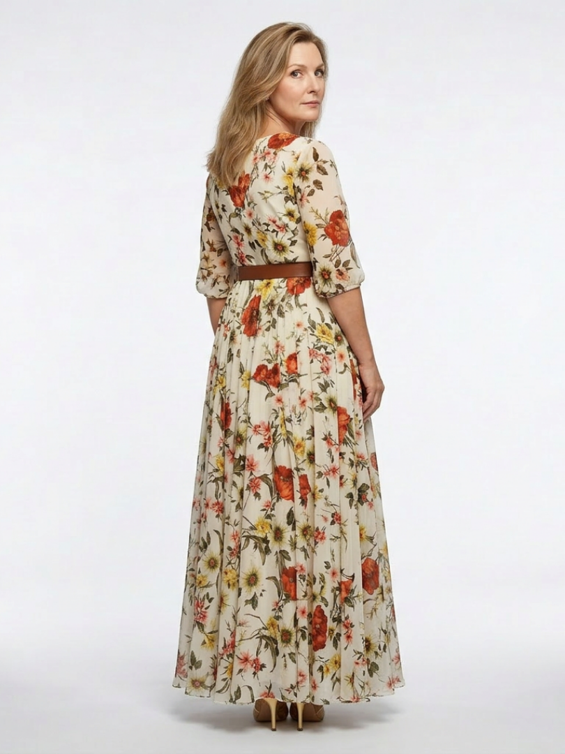 Odela - Maxi dress with round neck, half sleeves, and belt