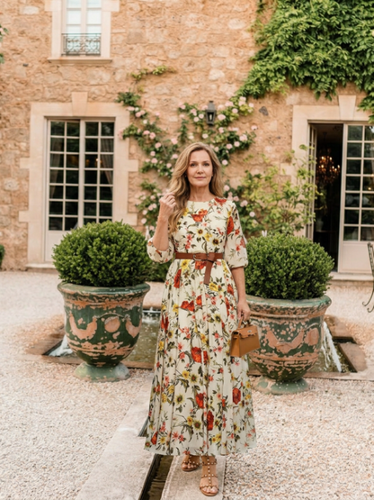 Odela - Maxi dress with round neck, half sleeves, and belt