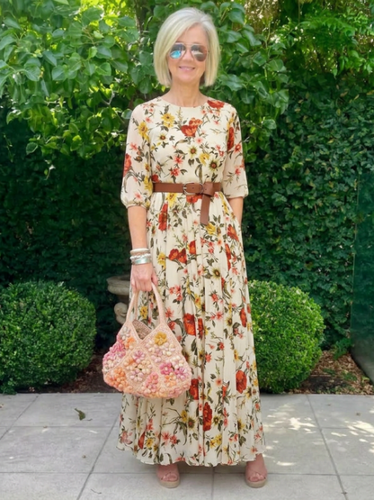 Odela - Maxi dress with round neck, half sleeves, and belt