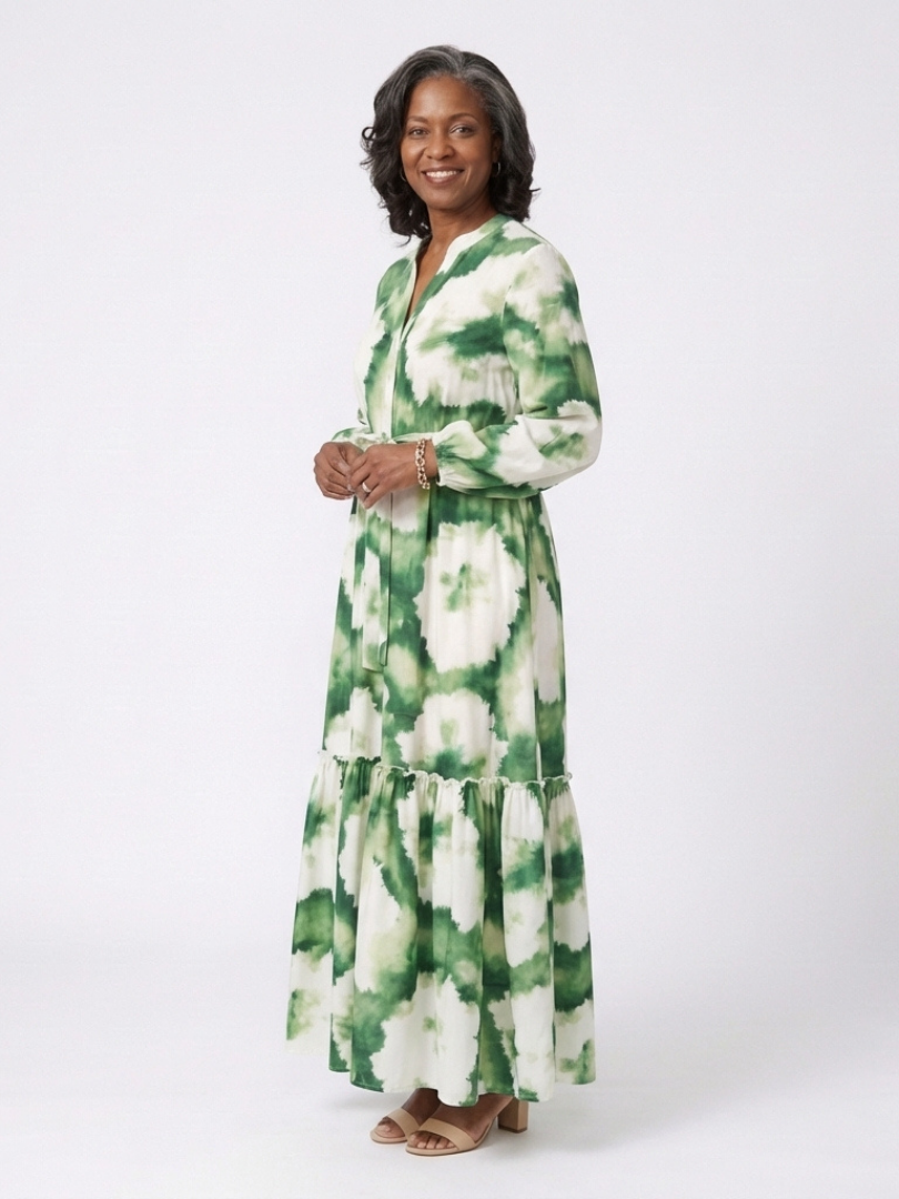 Sabina - Long-sleeved maxi dress with a tie waist and ruffles