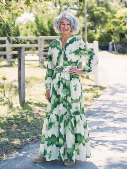 Sabina - Long-sleeved maxi dress with a tie waist and ruffles