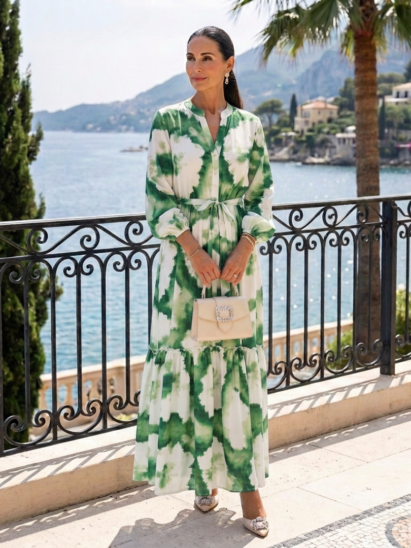 Sabina - Long-sleeved maxi dress with a tie waist and ruffles