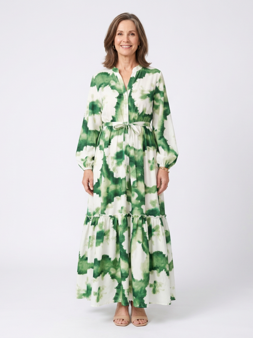 Sabina - Long-sleeved maxi dress with a tie waist and ruffles