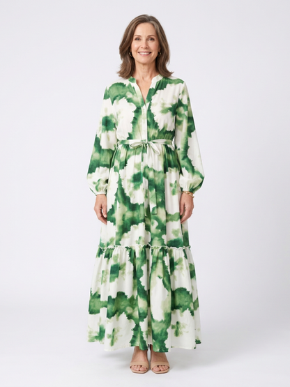 Sabina - Long-sleeved maxi dress with a tie waist and ruffles